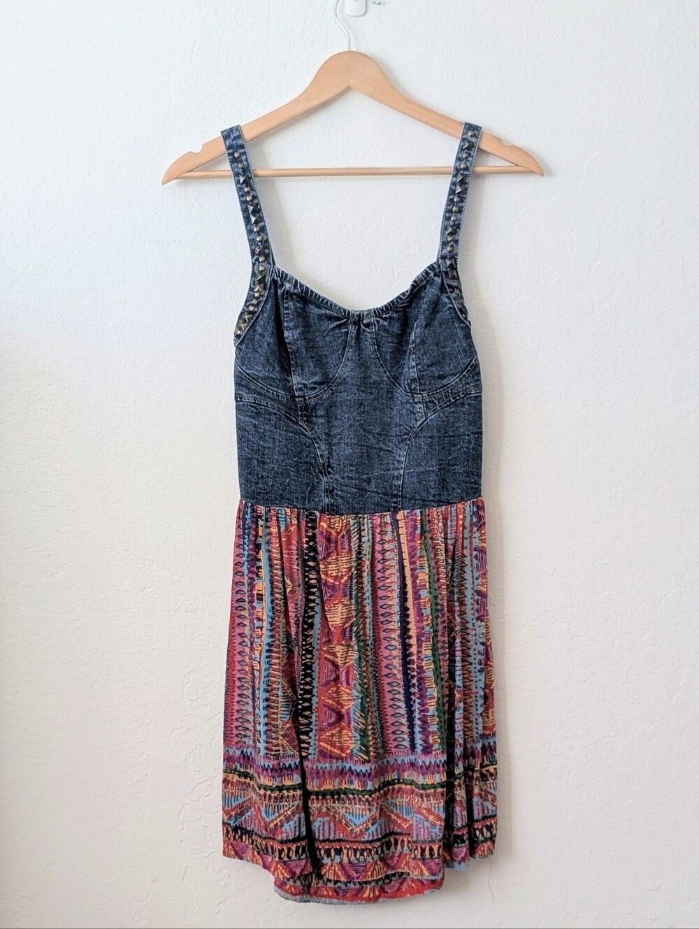 Angie Denim-Top Y2K Mini with Vibrant Boho Skirt & Open Back Size Small